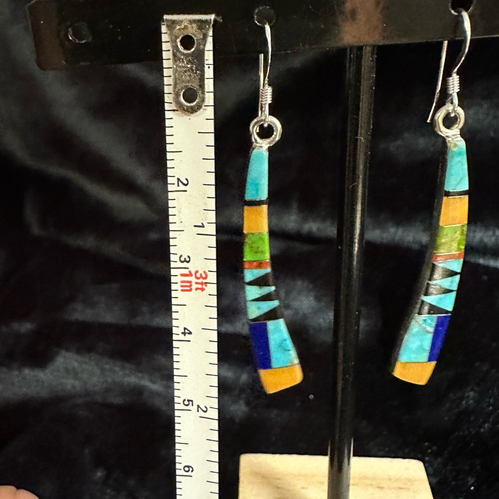 Native American Turquoise Inlay 💯 Silver Drop Earrings - Picture 3 of 5